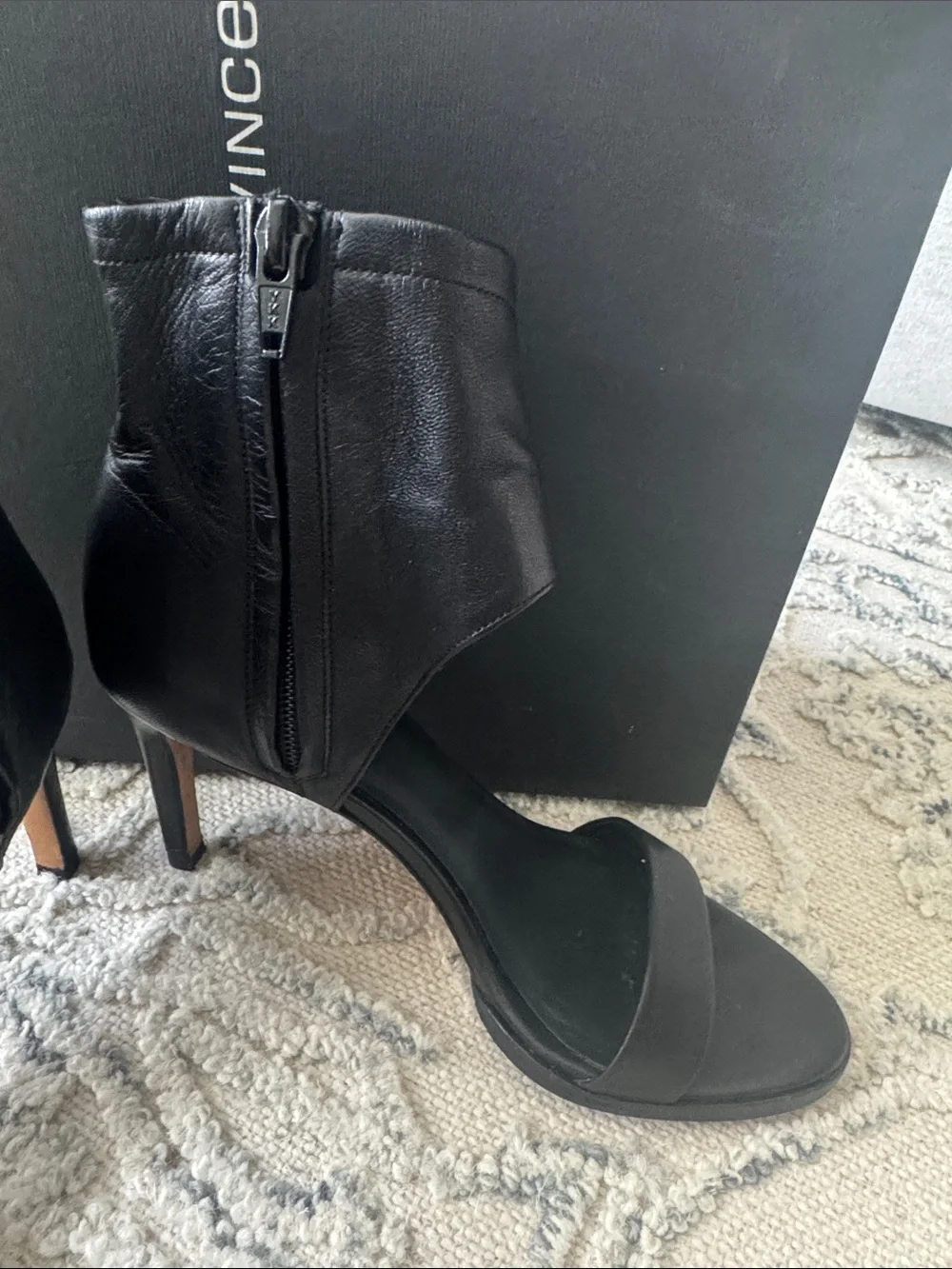 Vince Black Leather Zip-Ankle Open-Toe Heels